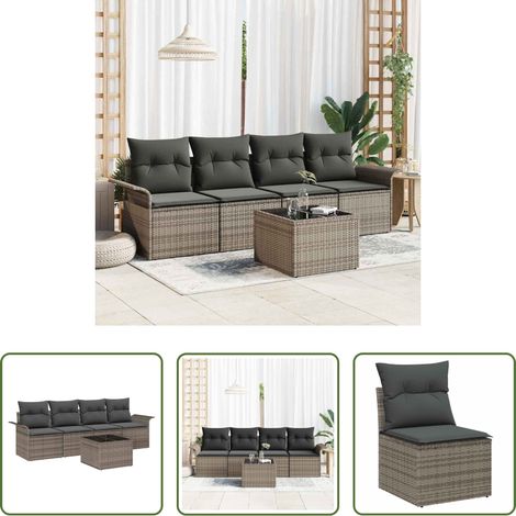 vidaXL Poly-Rattan - Sofa Set mit Kissen 5 pcs Grau Poly-Rattan (1/5)
