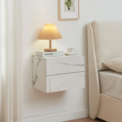 Comodino da Parete Ampfing con 2 Cassetti 40x29x30 cm Effetto Marmo Bianco [en.casa]
