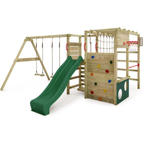 FATMOOSE Klettergerüst Spielturm ActionArena mit Schaukel & Rutsche, Gartenspielgerät mit Leiter & Spiel-Zubehör - Grün (1/5)