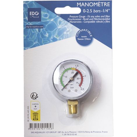 EDG – Manomètre piscine 0 à 2.5 bars – Capteur de pression pour filtre à sable et cartouches – Indicateur de lavage – Compatible circuits hydrauliques