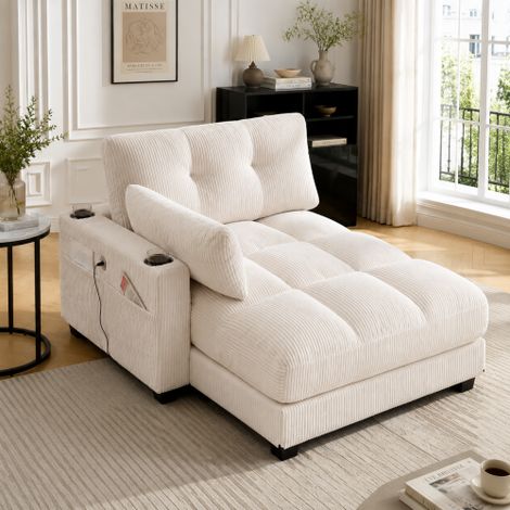 Poltrona Palm, soffici cuscini a righe, corrimano con cuscini girevoli, poggiatesta, tre portabicchieri e una tasca laterale adatta sia al soggiorno che alla camera da letto beige (1/5)