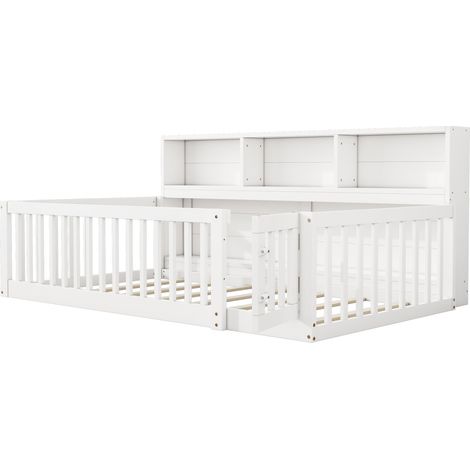 Lit banquette 90 x 200 cm en pin et MDF blanc avec barrières, rangements latéraux et sommier (1/5)
