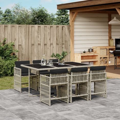7-tlg. Garten-Essgruppe mit Kissen Hellgrau Poly Rattan vidaXL