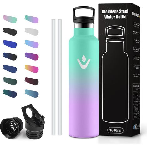 Gourde Inox 1L avec Paille, Bouteille Isotherme, Acier Inoxydable, Isolation Sous Vide, Étanche, Réutilisable, Sans BPA, pour Voyage, l'École, Cyclisme, Randonnée, Camping et Sport (1/5)