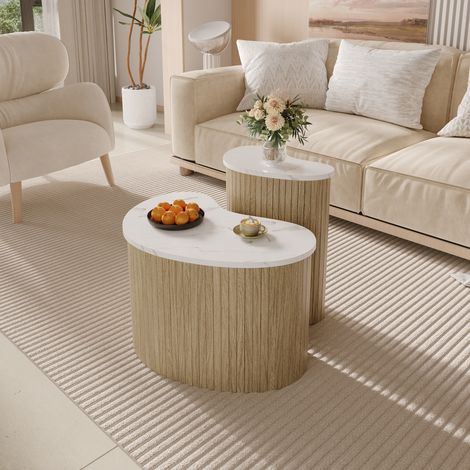 Table Basse Scandinave Set de 2 60x37x38+40x25x50cm, Design Minimaliste Effet Marbre et Bois, pour Salon , MDF - Blanc et Chêne (1/5)