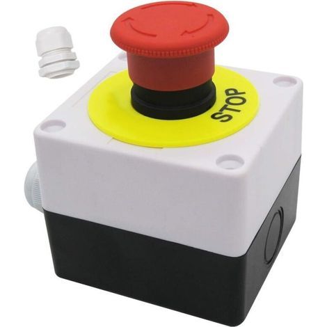 Pulsante di arresto di emergenza con interruttore di arresto a fungo rosso, 22 mm, 220 V CA, 10 A, IP65, alloggiamento in ABS impermeabile per installazioni elettriche industriali. (1/4)