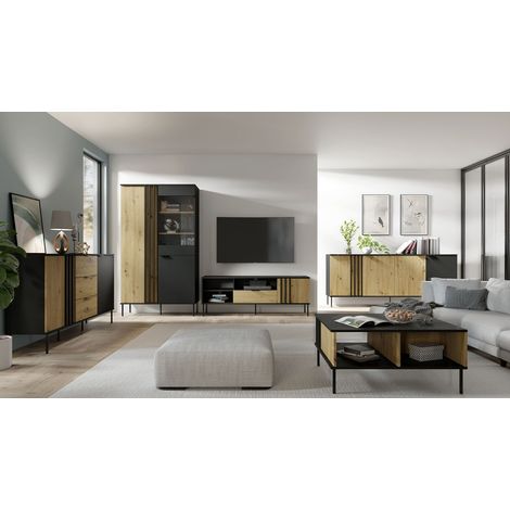 Set di mobili design IZO - Vetrina + Credenze + Tavolino + Mobile TV - Nero onice & Rovere chiaro