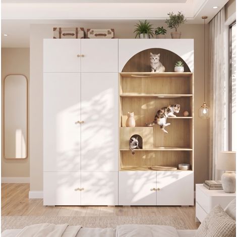 MODFU – Armadio guardaroba 180x50x200 cm con spazio per gatto, 7 scomparti, appendiabiti e vani contenitore – Bianco/legno (1/5)