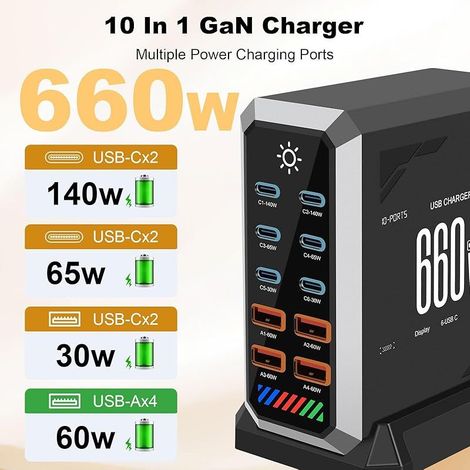 660W Station de Charge - Chargeur Rapide à 10 Ports avec 6 Ports USB C + 4 Ports USB A, Caricatore USB Multiplo Compatible avec MacBook, iPad, iPhone séries 16/15/14, Galaxy S22/ S20, Dell, HP (1/5)