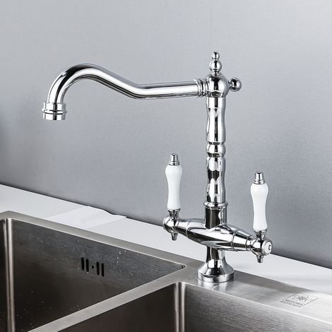 Robinet de Cuisine, mitigeur d'évier rétro pivotant à 360°, Double Levier, Arc élevé, Finition élégante pour Une décoration intérieure Moderne (1/4)