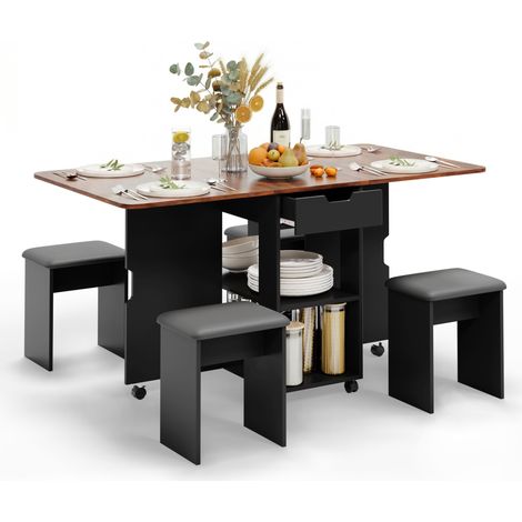 Ensemble Table à Manger Pliante avec 4 Chaises Rembourrés Rangés, Table de Cuisine pliante avec 1 tiroir et 2 étagères de Rangement pour Petits Espaces, 140L x 80P x 75H cm, Marron Rustique et Noir, M