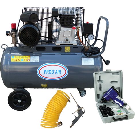 Prodair – Compresseur 200L 4CV 10 bars – Débit d'air 313L/min – Sur roues avec coffret clé à choc et accessoires de gonflage