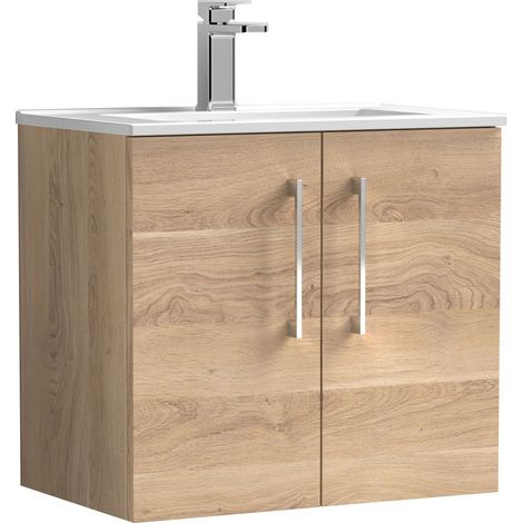 Balterley  Contemporary Bathroom 2 Soft Close Door & Minimalist Wall Hung Vanity Unit Basin, Bleached Oak, 600mm