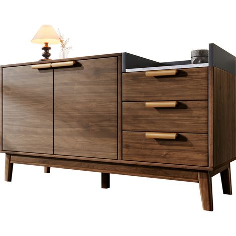 Commode de salon décor chêne avec plateau aspect marbre - tablette ouverte + 3 tiroirs et meuble à double porte (étagères intérieures réglables en hauteur) - pieds en bois massif et compatible robot a (1/5)