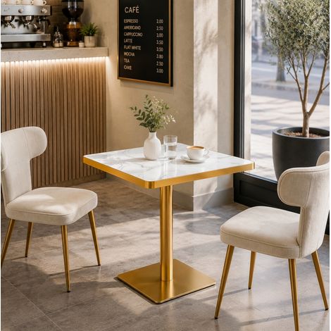 Tavolo da pranzo quadrato 60x60 cm per 2-4 persone, effetto marmo, struttura in metallo, colore bianco, ideale per piccoli spazi. (1/5)
