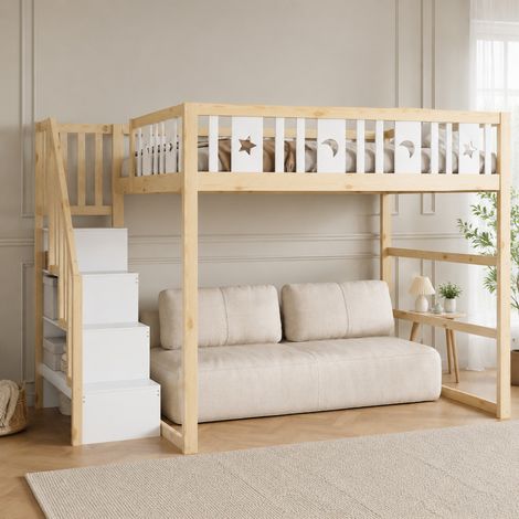DESMIU Lit superposé enfant 140 × 200 cm 2 places avec escalier, étagères et sans matelas, en bois massif, naturel et blanc (1/5)
