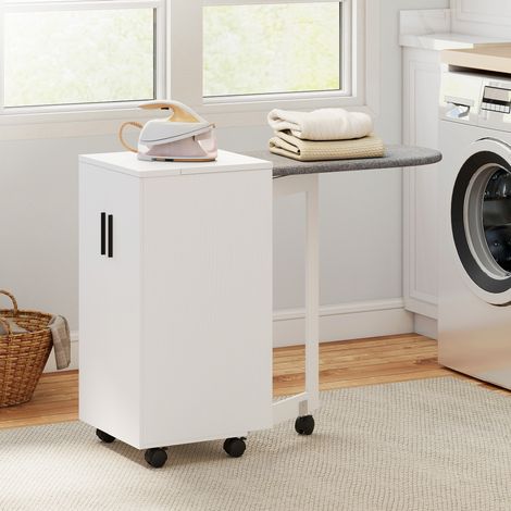 Meuble à repasser 2 en 1. table à repasser pliante sur roulettes avec étagère réglable et charnières. blanc
