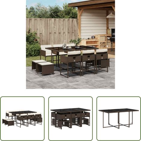 vidaXL Gartenstuhl - 11-tlg. Garten-Essgruppe mit Kissen Braun Poly Rattan (1/5)