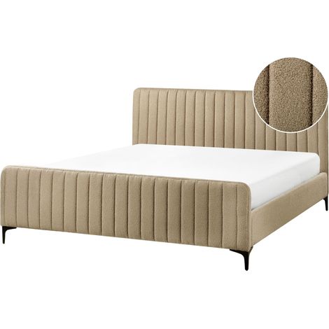 Lit Double Sommier à Lattes avec Haute Tête de Lit et Pieds en Métal 180 x 200 cm en Tissu Bouclé Taupe Lunan (1/5)