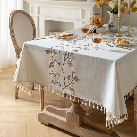 Nappe Rectangulaire Anti Tache Nappe Coton et Lin Lavable Tissu Tassel Style pour la Décoration des Tables de Cuisine, Extérieur et de Jardin(Beige,140x220cm) (1/4)