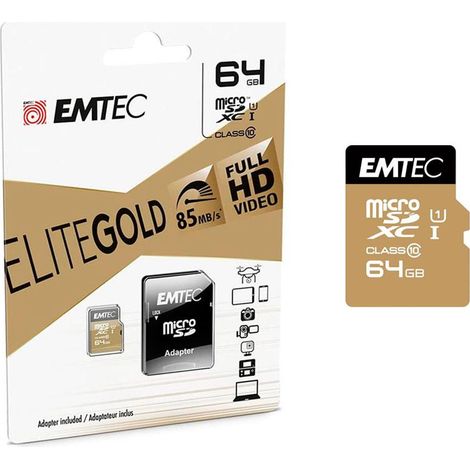 MEMORIA SD MICRO 64GB EMTEC ELITE GOLD 85MB/S SD + ADAPTER CLASS 10 UHS1 U1  ECMSDM64GXC10GP