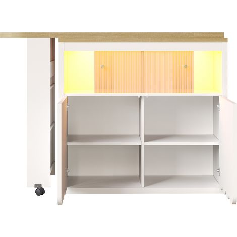 Table de bar télescopique mobile avec rangement, LED intégrée, blanche, 135-205x39x100 cm (1/5)