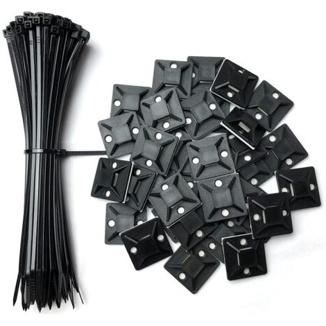 Lot de 100 supports adhésifs pour serre-câbles, 20 mm x 20 mm, noirs, auto-adhésifs, supports en plastique pour serre-câbles, 100 serre-câbles gratuits de 150 mm (1/4)