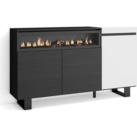 Buffet Salon et Cuisine Meuble de Rangement, Commode 150x87x35cm 3 Portes Cheminée électrique Design Industriel Style Moderne Blanc et Noir (1/5)