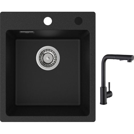 Cecipa Evier Quartz Noir 40x45cm Evier de Cuisine en Granit Evier à Encastrer 1 Vasque + Noir Mitigeur de Cuisine avec Douchette Extractible 2 Modes de pulvérisat (1/5)