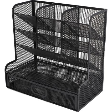 Pochette de rangement pour stylos en maille noire, design incliné 9 compartiments, tiroir inférieur, structure verticale (1/5)