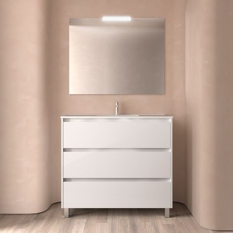 Badezimmermöbel NOJA 1000 3 Schubladen WHITE GLOSS + Waschtisch + Spiegel