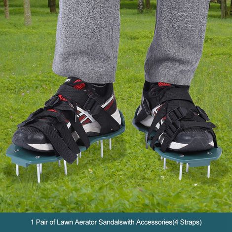 Paire de sandales aératrices de pelouse, chaussures à pointes pour ameublir le sol, outil de jardinage avec 4 sangles, taille unique. (1/3)