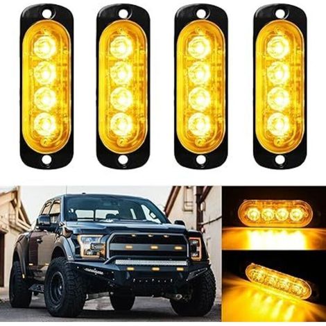 12V 24V Feux Stroboscopique Feux latéraux, 4PCS 4 LEDs Lampe Flash Warining Beacon Lights Barre Lumière d'urgence pour Voiture Camion Remorque Tracteur Backhoe élévateur ATV UTV Pickup
