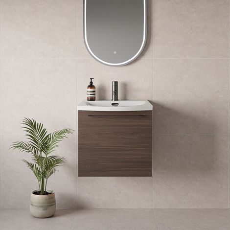 Napoli 390 Brown Oak 500mm Wall Mounted Single Drawer Vanity Unit with Arc Basin - 500mm - Gunmetal Grey 320mm Handle