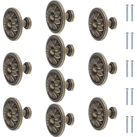Lot de 10 boutons de meuble ronds en bronze antique avec fleurs - 35 mm - Vintage - Pour tiroir de placard de cuisine - Poignée de tiroir en bronze (1/4)