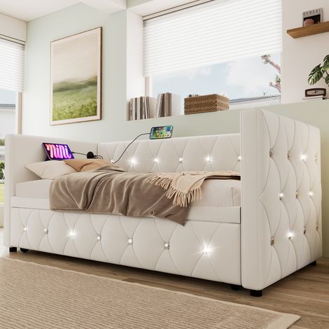 Daybed Upholstered Bed Sofa Bed with USB &Type C Charging Sations, 3FT Single Bed 90x190cm with Trundle ,Pull out Trundle for Living Room and Bedroom, Velvet ,Beige
