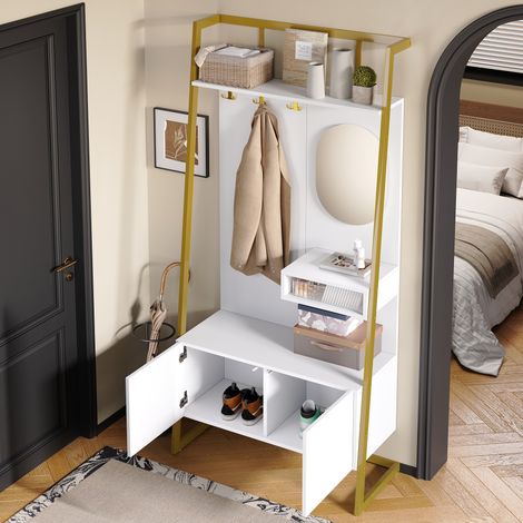Mueble recibidor con espejo y ganchos diseno compacto estanterias MDF y metal 78x38.5x180.5cm color blanco (1/5)