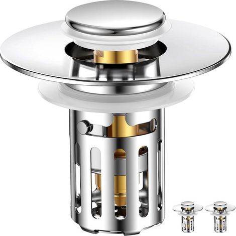 (2 piezas) Instalación en 1s, Tapón emergente universal 3 en 1 con cesta de filtro de acero inoxidable extraíble, Tapón lavabo (de 2,8 cm 6 cm) (1/5)