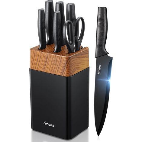 Set Couteaux Cuisine 7 Pièces avec Bloc et Aiguiseur Intégré, Bloc de Couteaux de Cuisine en Plastique, Lames en Acier Inoxydable Ultra-Tranchantes, Revêtement et Antirouille (Noir) (1/5)
