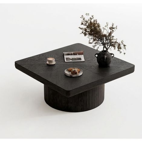 ELVMI Tavolino da Salotto Quadrato con Piano Spesso 8 cm e Base Cilindrica per Soggiorno, Legno Massello e MDF, Nero (1/5)