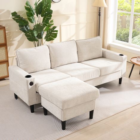 Canapé droit 3 places 202×137×80cm, USB+Type C, avec 1 tabouret, canapé d'angle, meubles de salon, lin, beige (1/5)