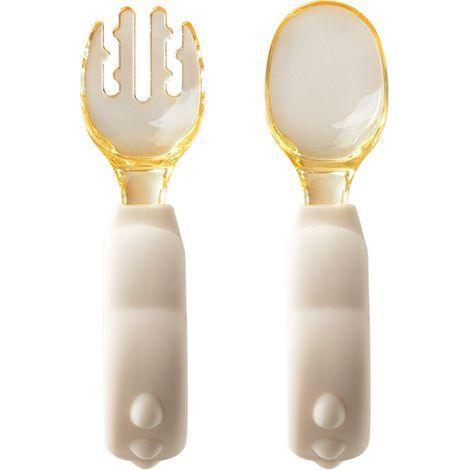 Gabel und Löffel zur Anleitung der Säuglingsernährung, Selbstfütterungslöffel (mit drei Zinken), beige. (1/5)