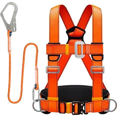 Harnais de Sécurité avec Longe, Harnais Anti Chute, Baudrier Escalade, avec Support Ventral Epaissi, Portante 100 kg, pour le Travail Aérien, les Hommes (Grande Boucle 1,6 m) (1/5)
