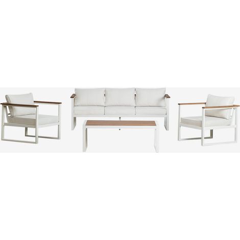 Ensemble de jardin composé d'un canapé 3 places, de 2 fauteuils et d'une table basse en aluminium et bois d'acacia Lipov. SKLUM Blanc Gardenia