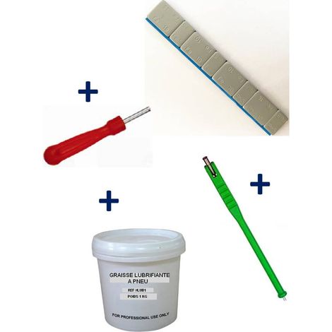 Kit 100 Plombs Masses d’Equilibrage Adhésifs 4x5g-4x10g + Tire Valve + Démonte Obus + Graisse Pneu (1/2)