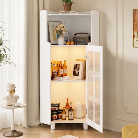 Meuble d‘angle, Rangement d‘angle avec LED - Contrôle application, 2 niveaux, finition laquée, colonne de salle de bain - 63,5x124 cm - Blanc (1/5)