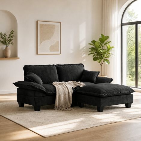 Canapé d'angle modulaire en chenille noir avec ottoman mobile, 2 coussins, 194 x 151 x 90 cm DESVIAE (1/5)