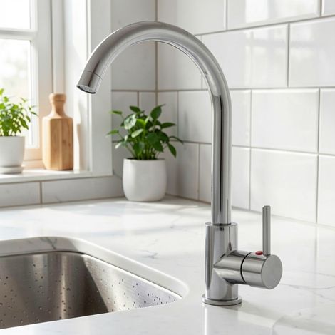 AICA Hochbogen Küchenarmatur 38cm 360° schwenkbar Messingkern Hochdruck KTW Chrom (1/5)