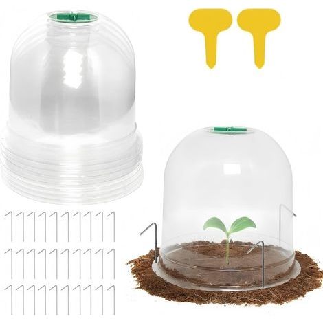 10 Pièces Cloche pour Plantes de Jardin, 26CM x 20CM Couverture de Cloche de Dôme de Plante Mini Serre en Plastique - avec 2 Étiquettes de Plantes, 30 Piquets de Fixation (1/5)