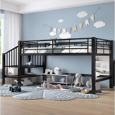 Letto a soppalco 90 x 200 cm con scala contenitore, metallo, nero HAVRYA (1/5)